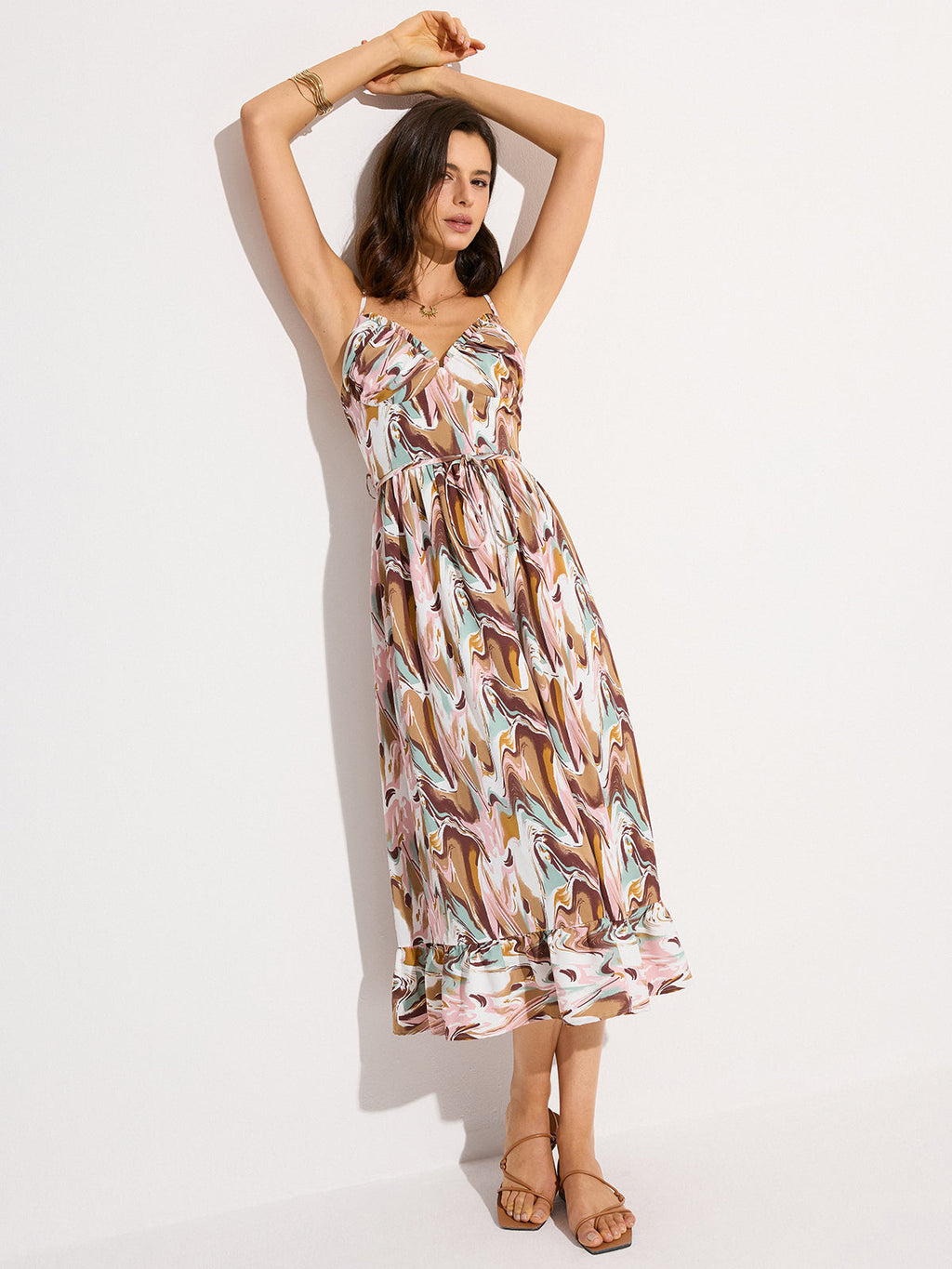 Robe midi sans manches à nouer à la taille et imprimée