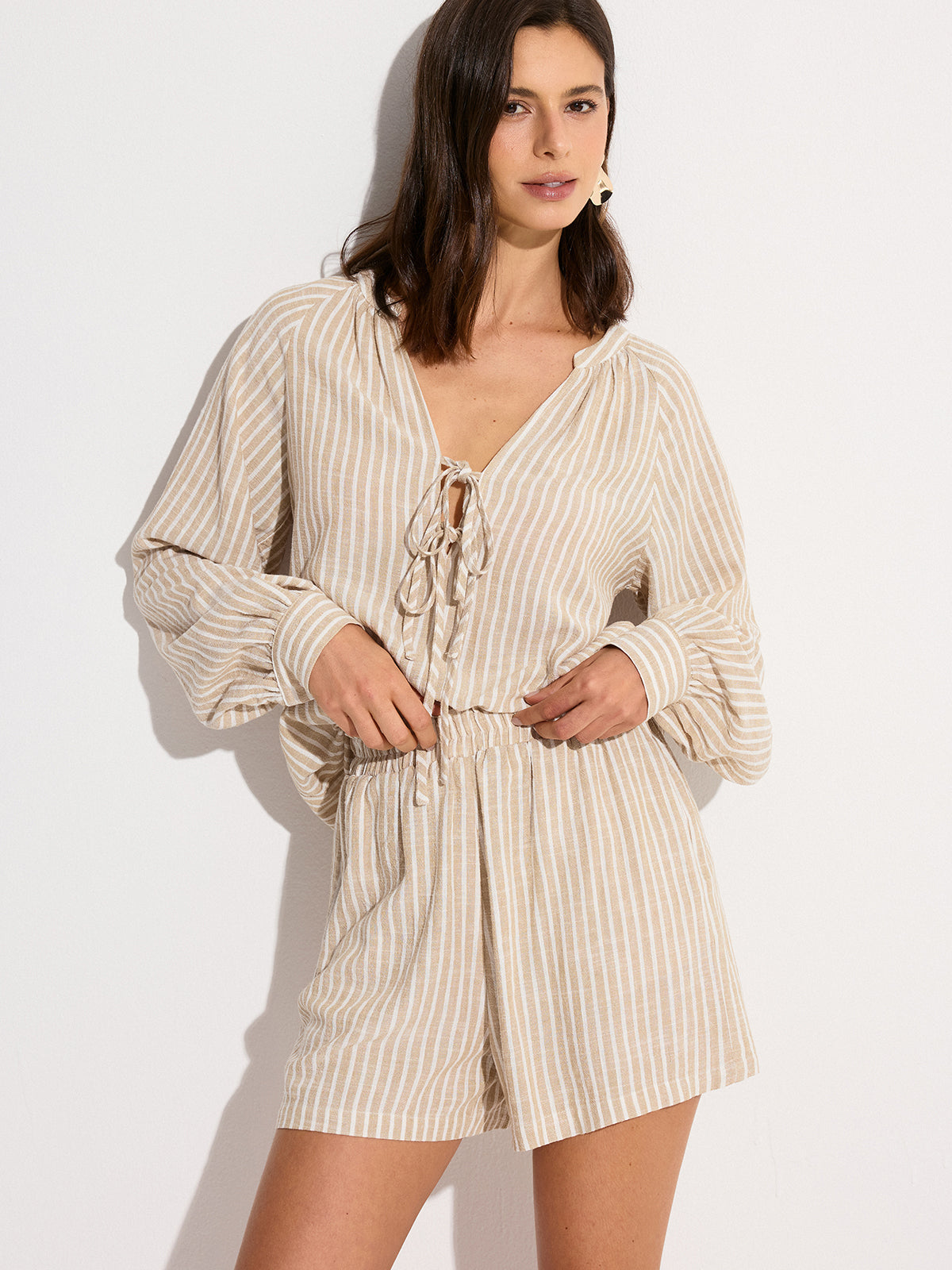 Ensemble short en lin et coton à rayures