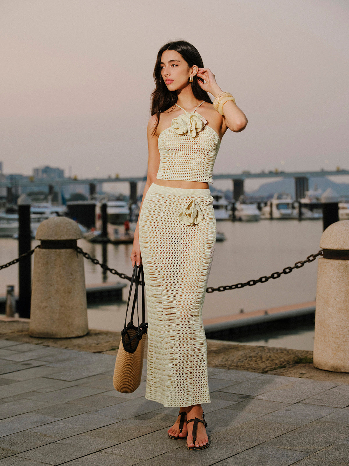Knit Hollow Ditsy Floral Drawstring Skirt Set