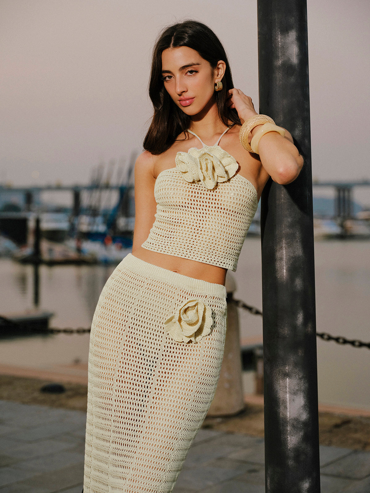 Knit Hollow Ditsy Floral Drawstring Skirt Set