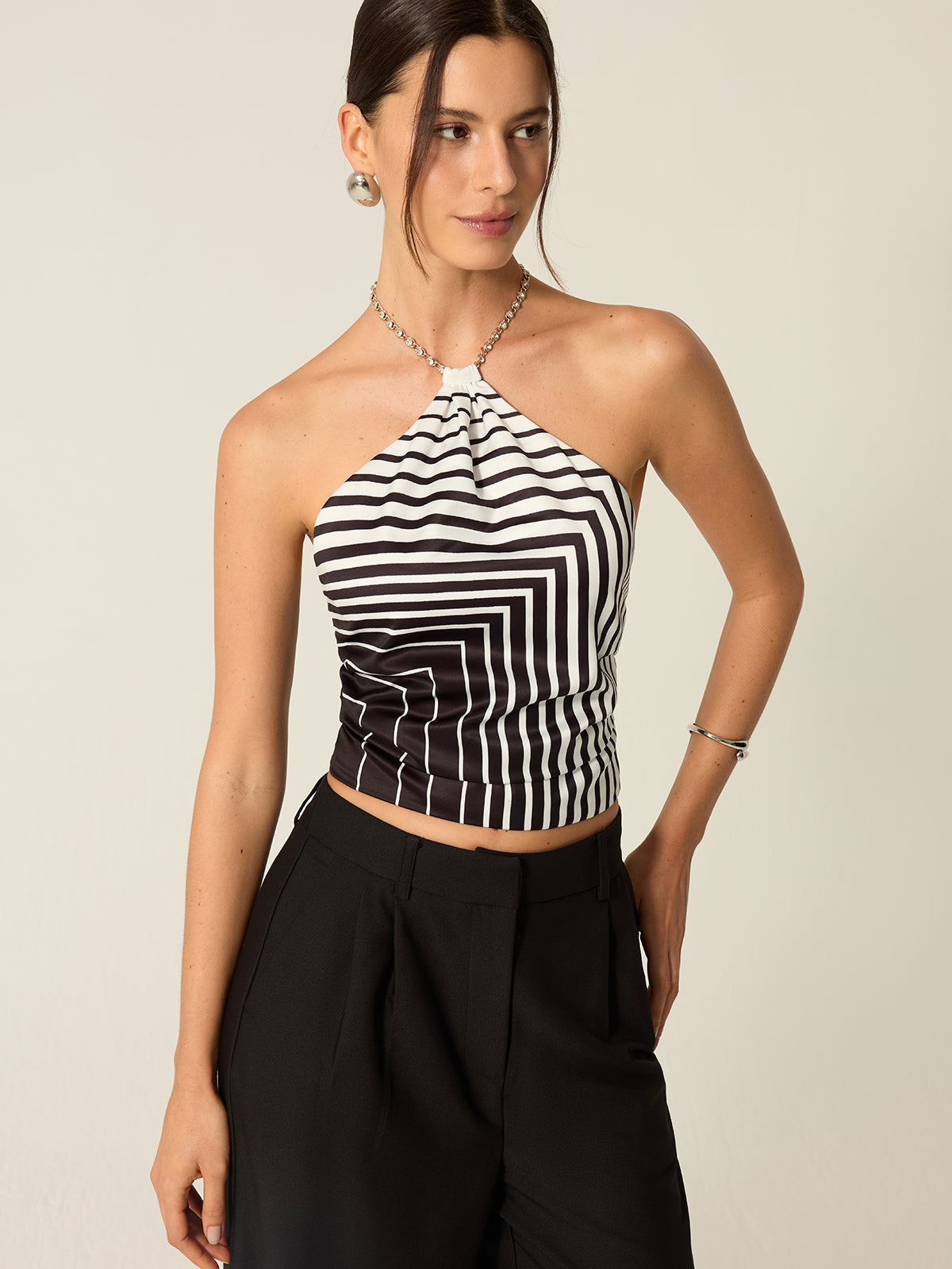 Gestreiftes Neckholder-Top mit Kettenriemen
