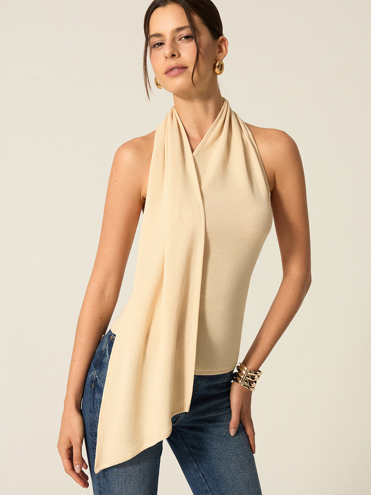 Halter Backless Top with Draped Scarf Detail