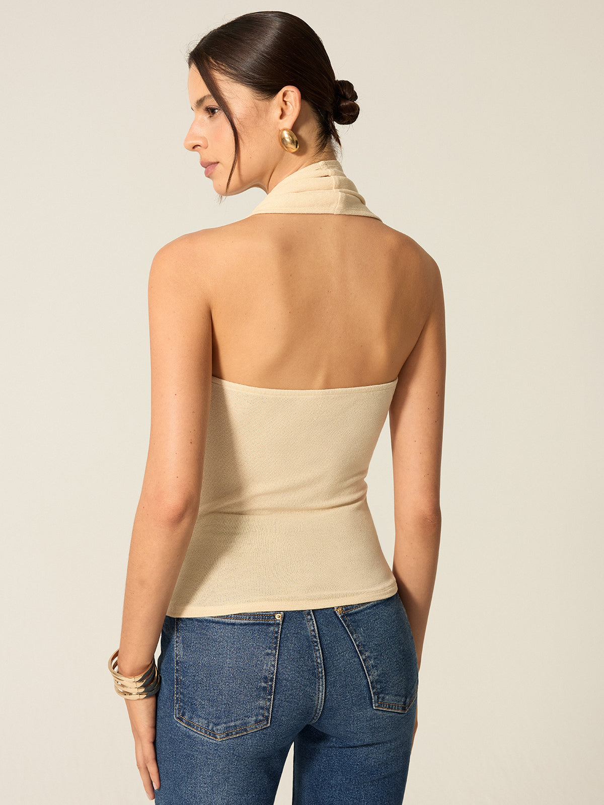 Halter Backless Top with Draped Scarf Detail