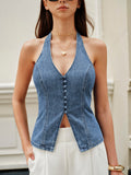 Halter Neck Button Detail Denim Top