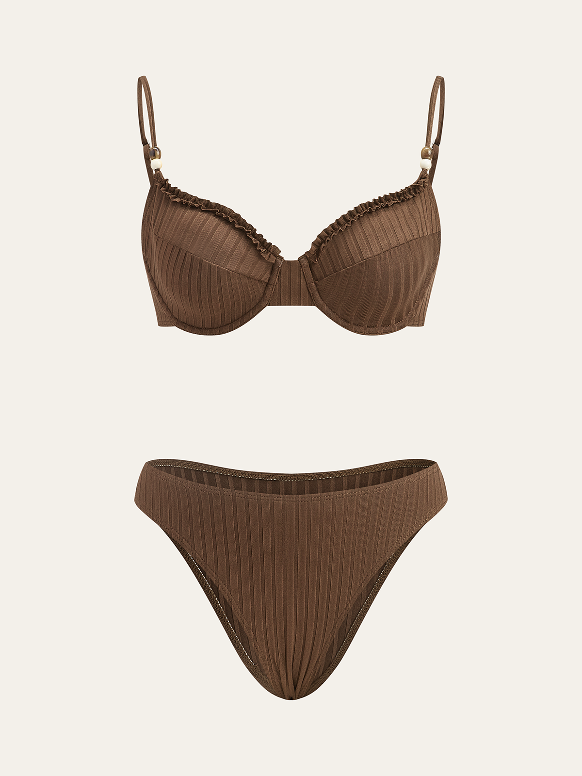 Geripptes Bikini-Set mit Rüschenbesatz