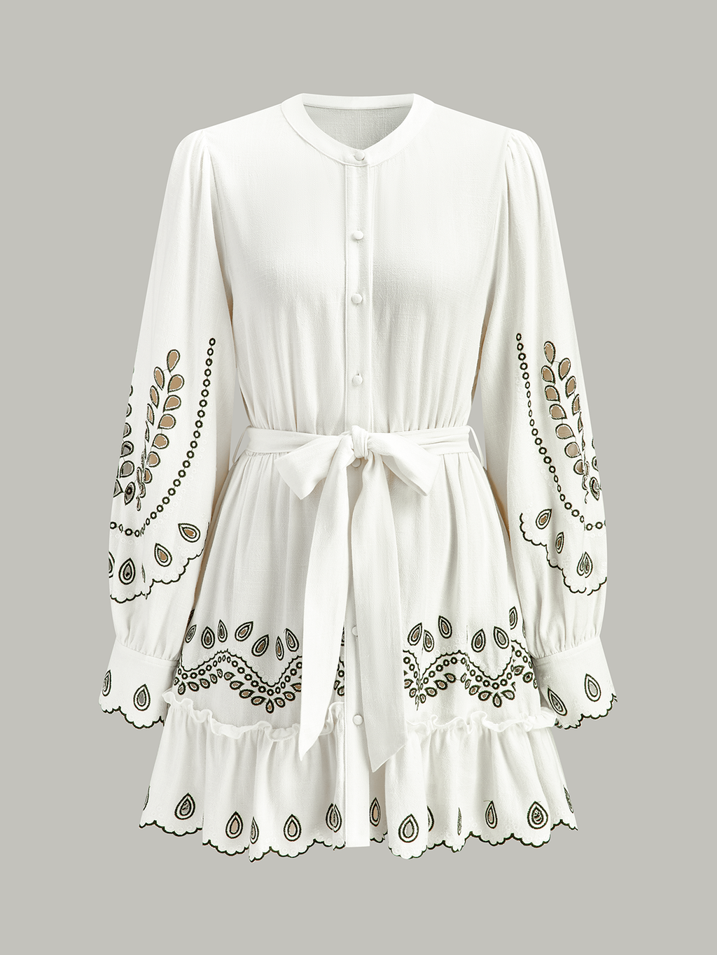 Leinen- & Baumwoll-Minikleid mit Gürtel und Stickerei