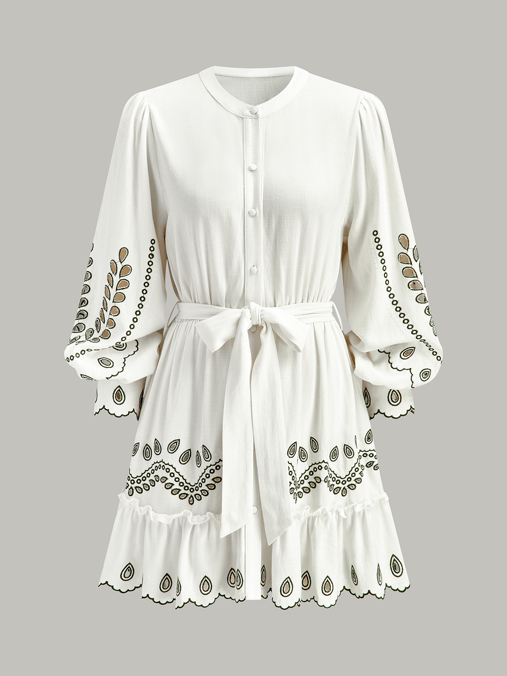 Leinen- & Baumwoll-Minikleid mit Gürtel und Stickerei