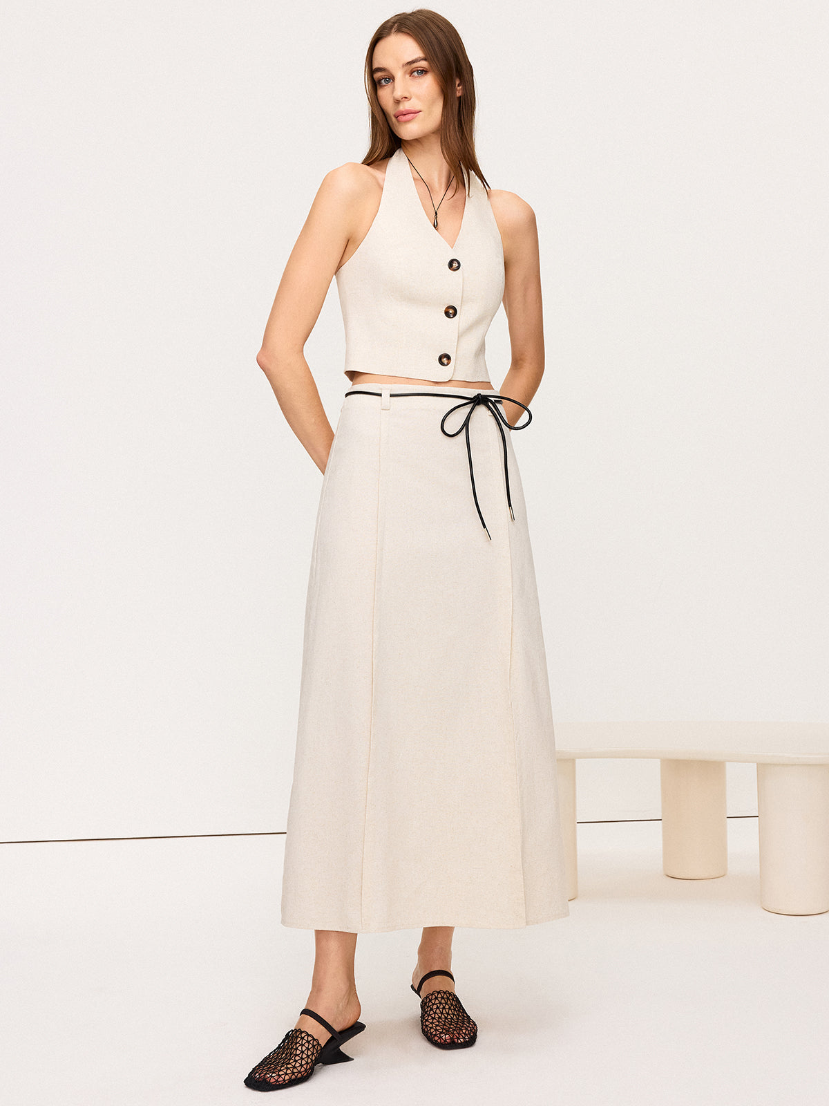 Linen & Cotton Halter Skirt Set with Tie Detail