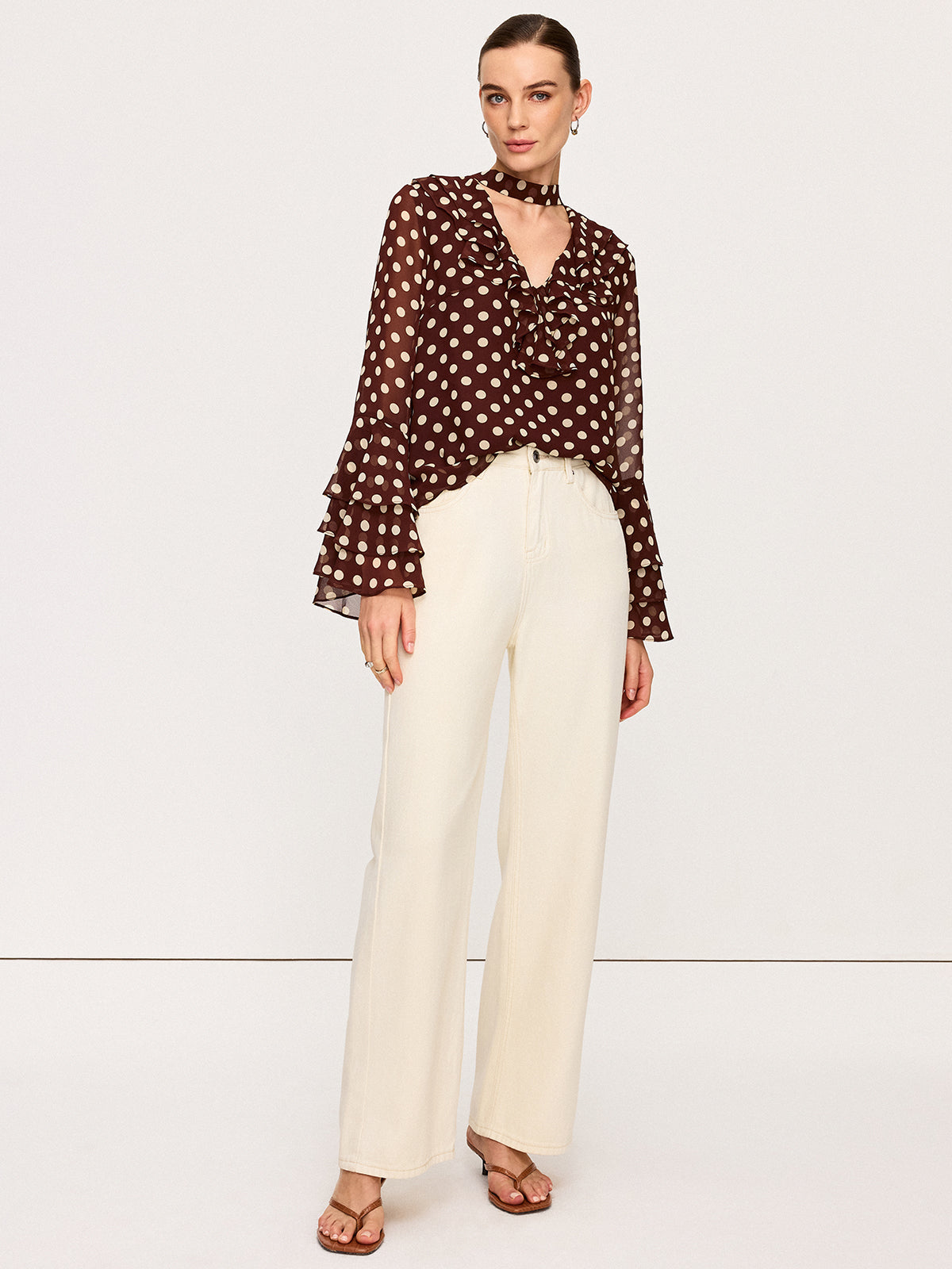 Semi-Sheer Polka Dot Bell-Sleeve Chiffon Blouse