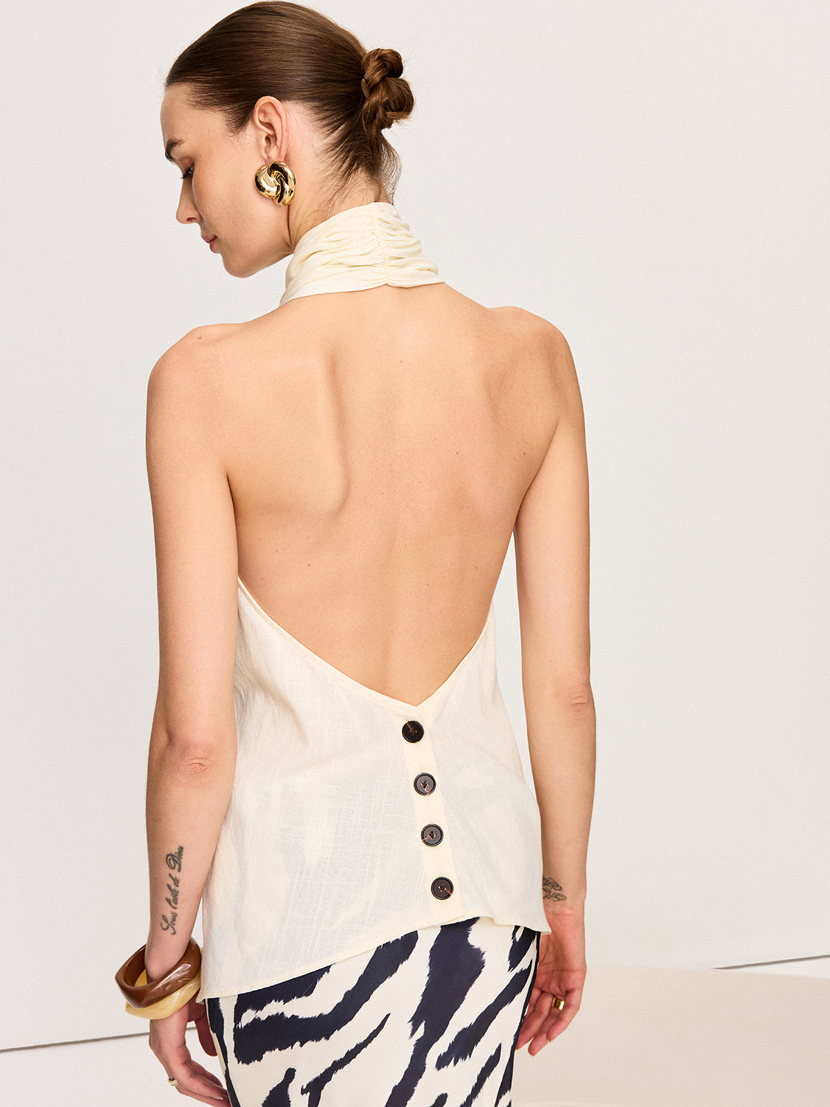 Semi-Sheer Cross-Halter Neck Wrap Top