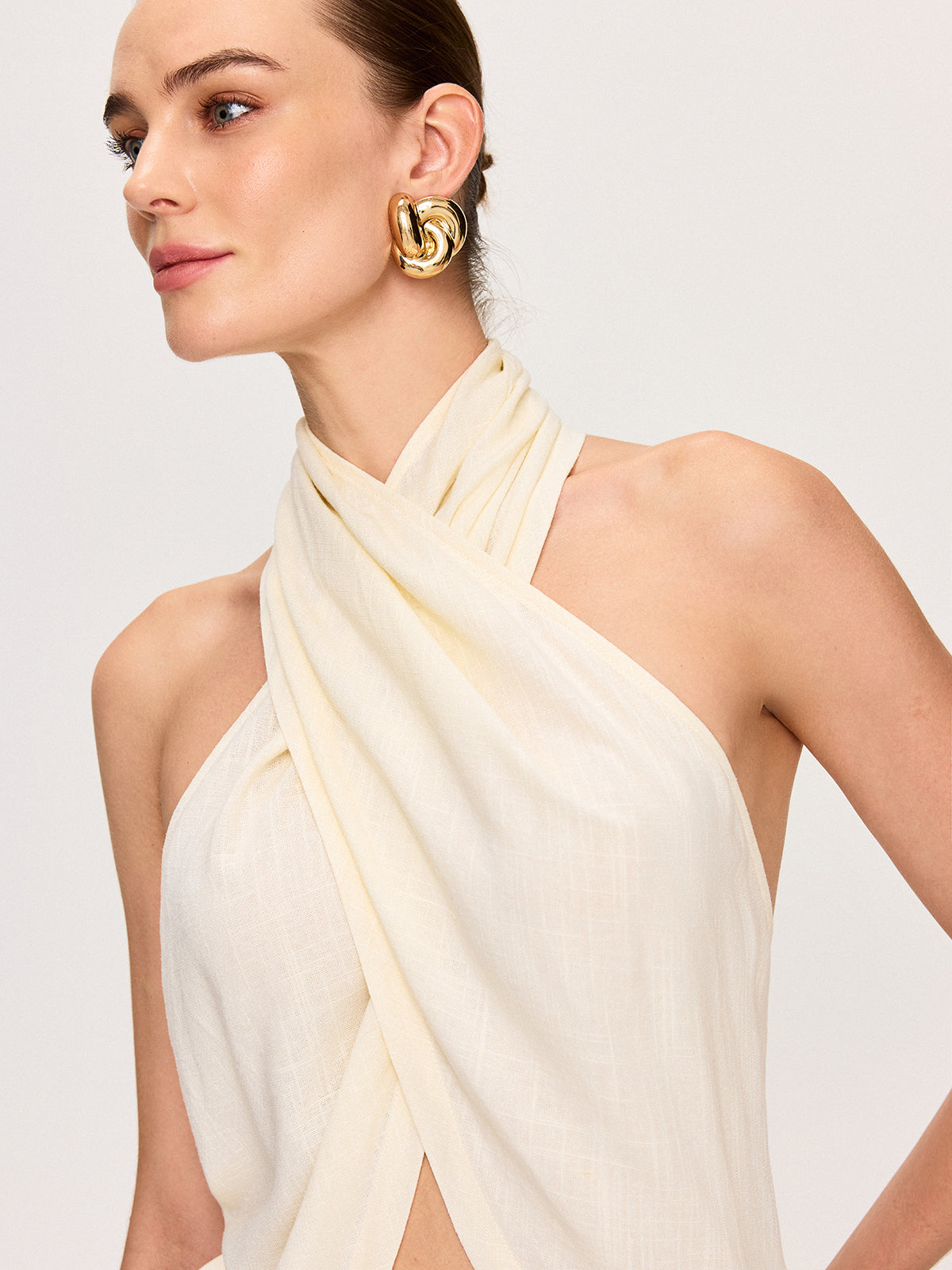 Semi-Sheer Cross-Halter Neck Wrap Top