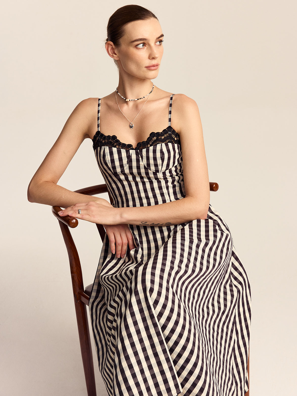 Gingham Spaghetti Strap Midi Dress with Lace Trim