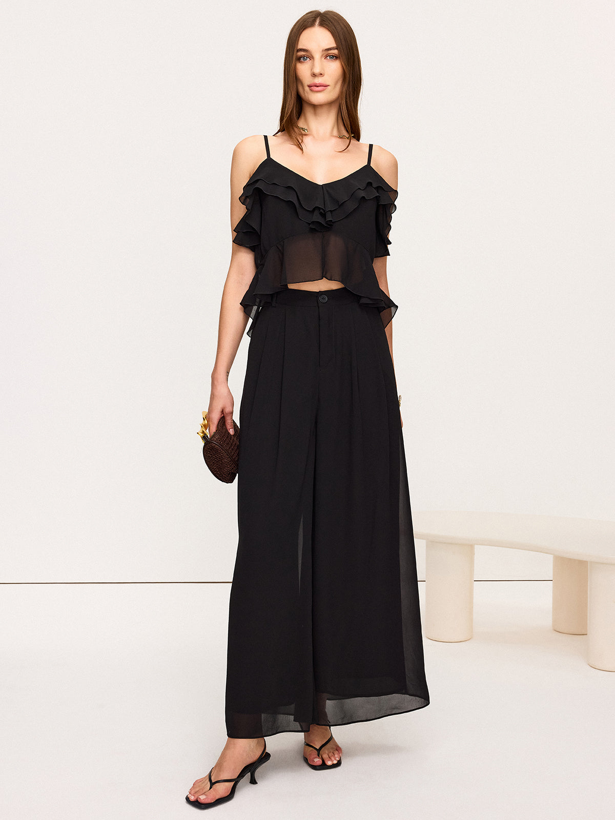 Chiffon Ruffle Top and Wide-Leg Pants Set