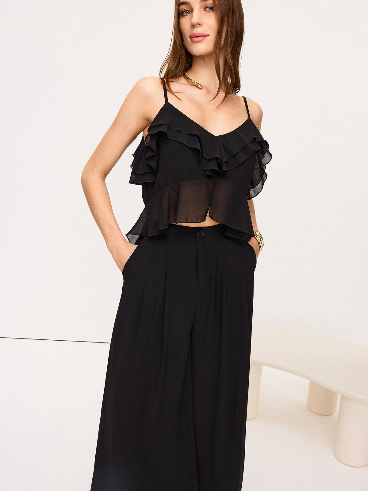 Chiffon Ruffle Top and Wide-Leg Pants Set