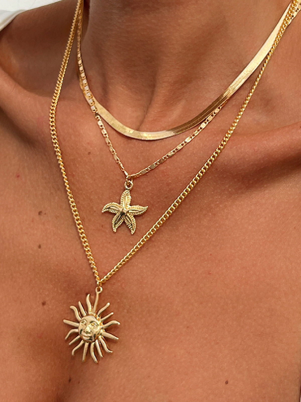 Mehrlagiges Gold-Halsketten-Set mit Sonne und Seestern