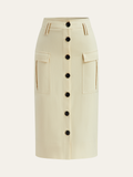 Pocketed Button-Front Midi Skirt