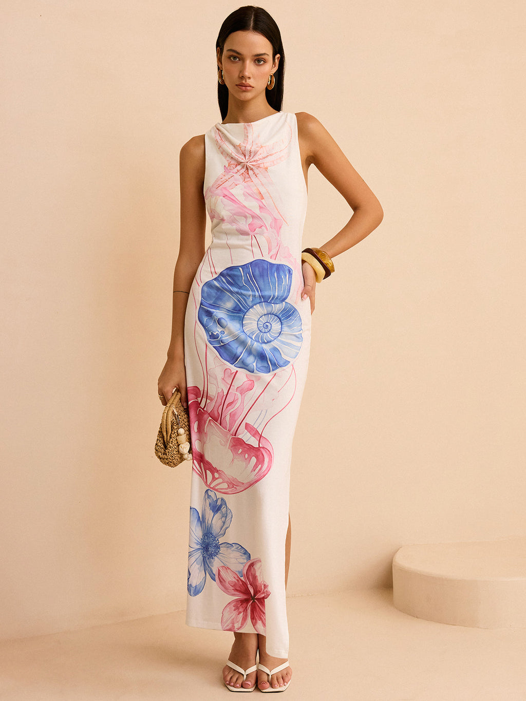 Robe longue semi-transparente imprimé océan avec fente