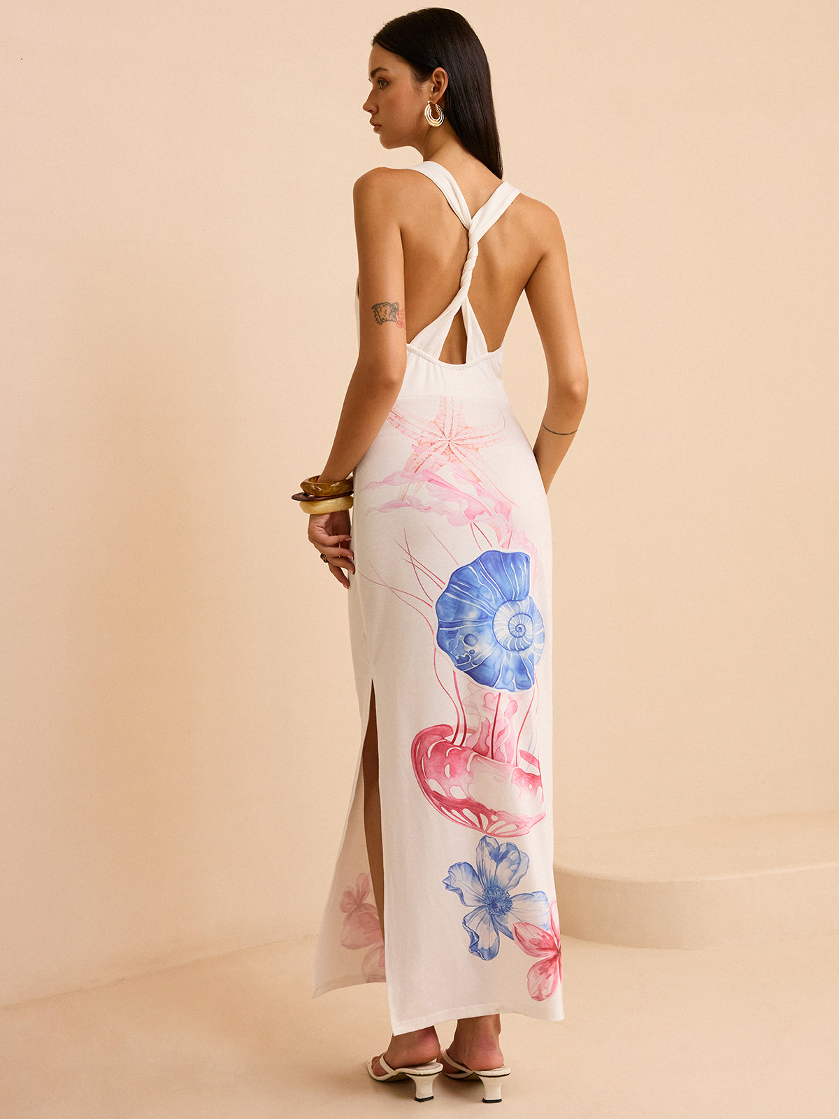 Semi-Sheer Ocean Print Maxi Dress with Slit