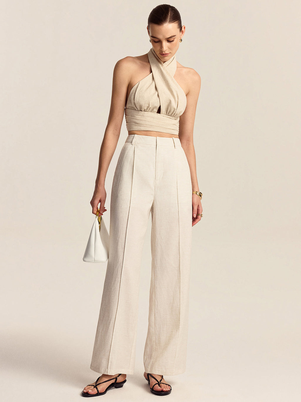 Leinen & Baumwolle Neckholder Crop Top