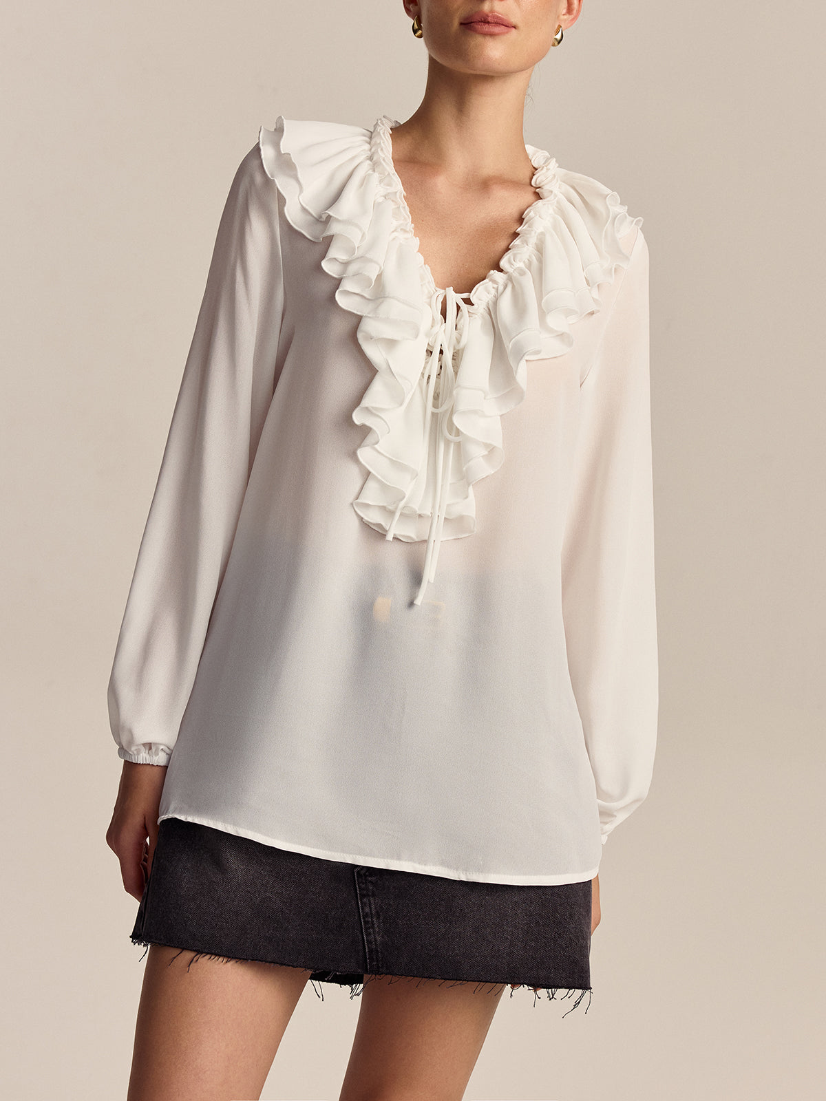 Ruffled V-Neck Chiffon Blouse