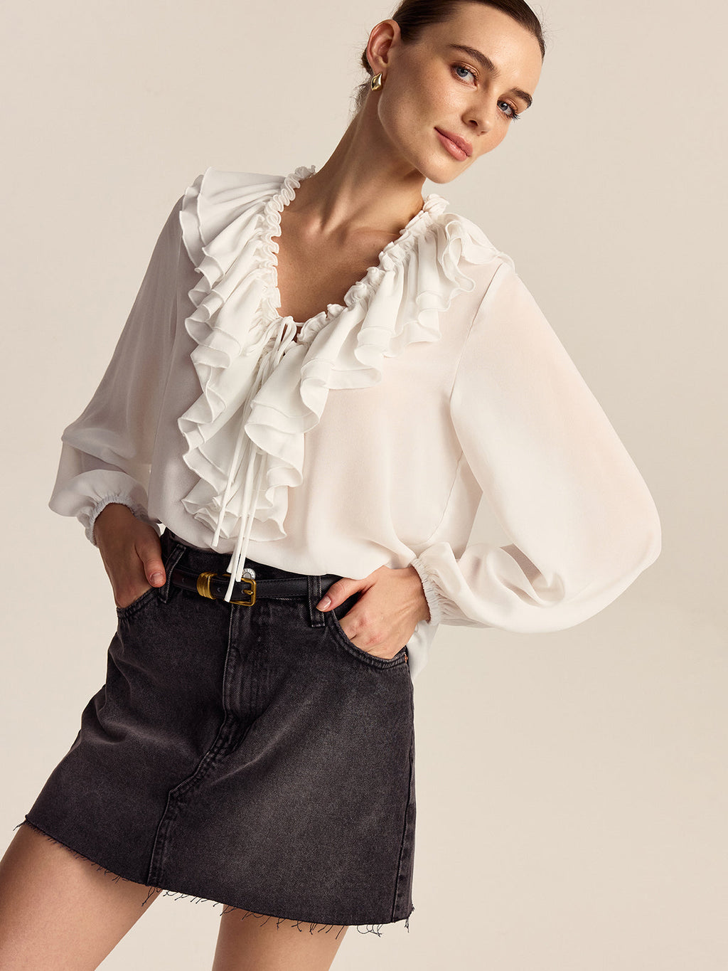 Ruffled V-Neck Chiffon Blouse
