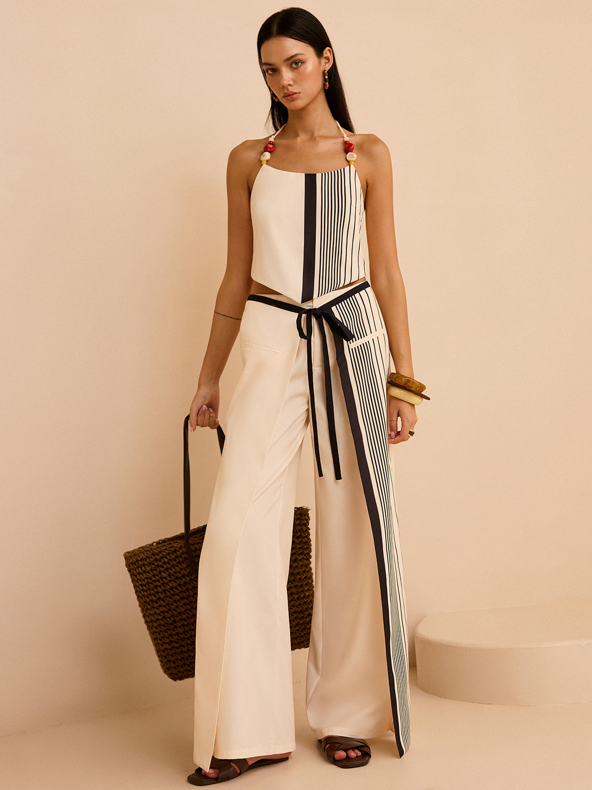 Striped Halter Top with Beaded Straps