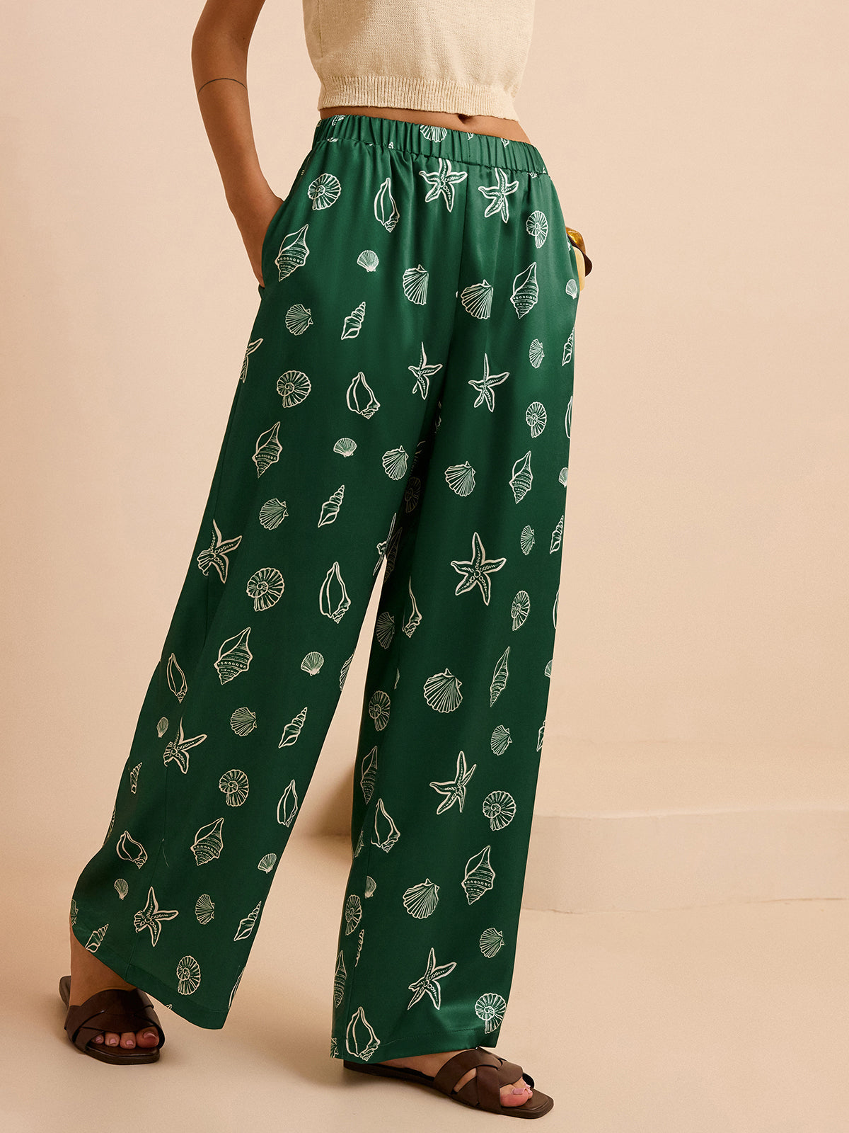 Oversized Mid-Waist Pants with Seashell and Starfish Prints