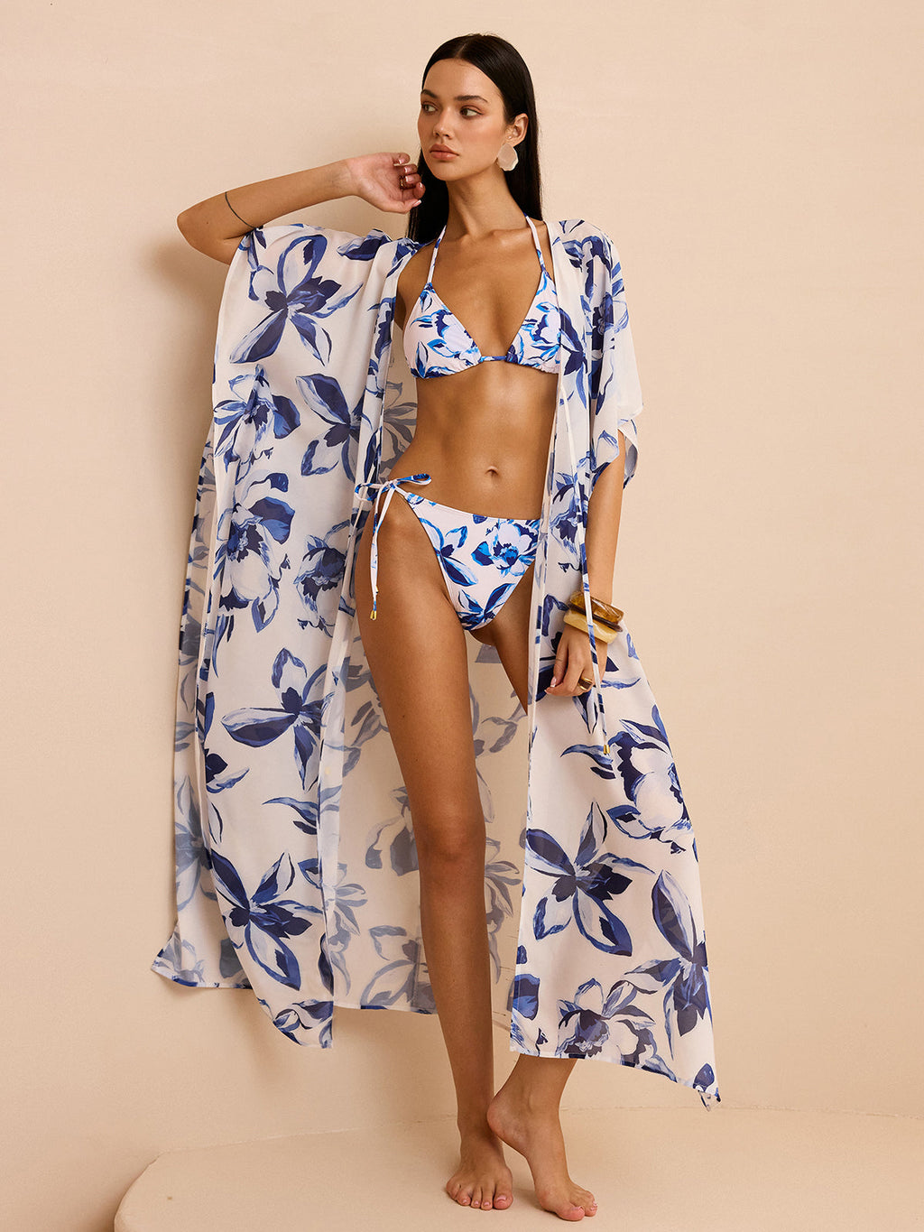 Kimono de plage transparent à motifs floraux avec nouage frontal