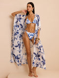 Kimono de plage transparent à motifs floraux avec nouage frontal