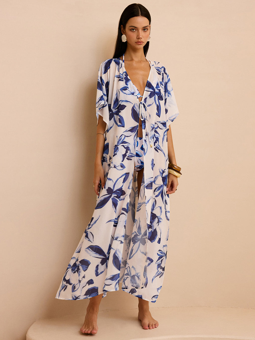 Kimono de plage transparent à motifs floraux avec nouage frontal