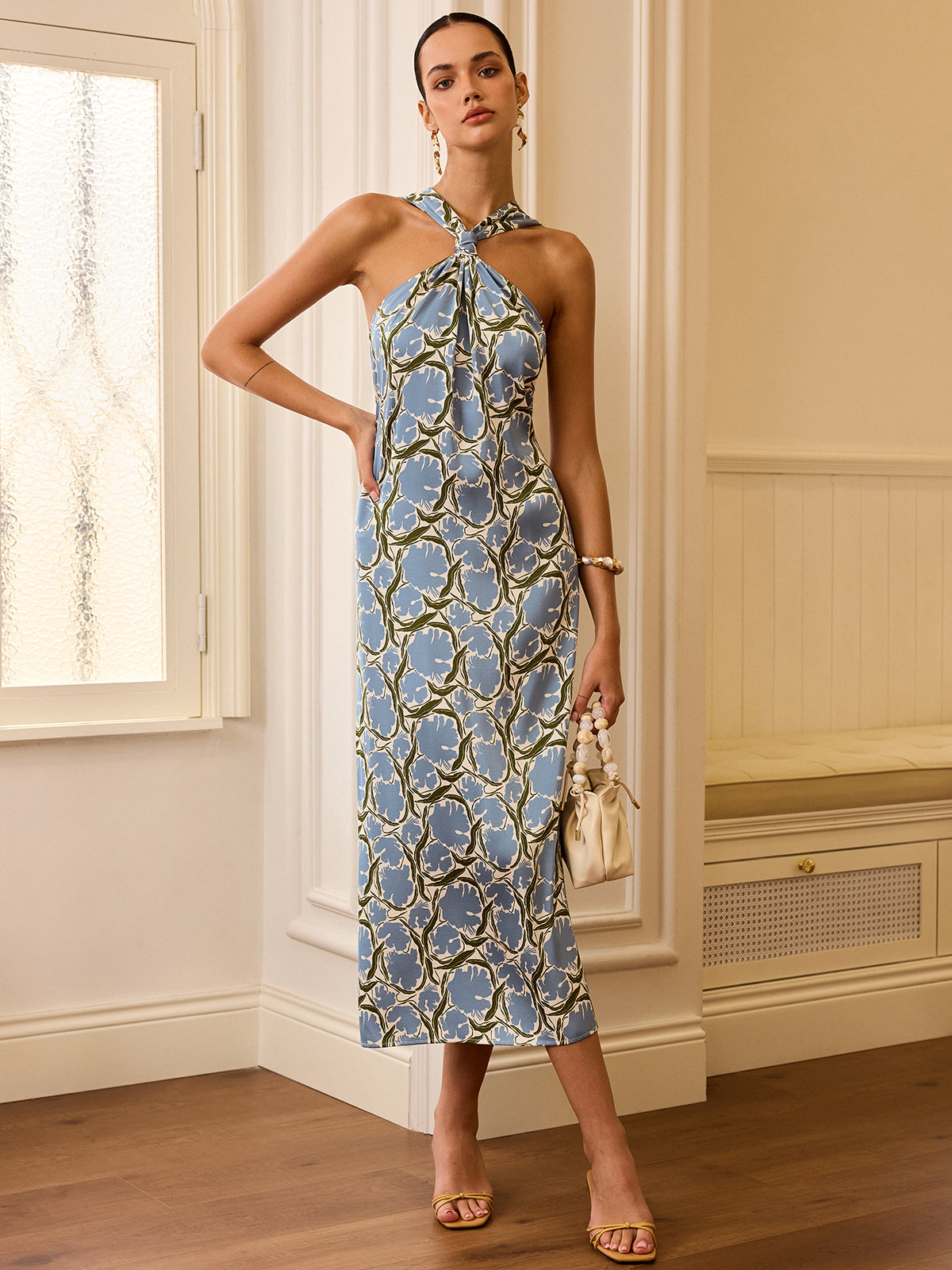 Robe midi imprimée à fleurs et col halter 