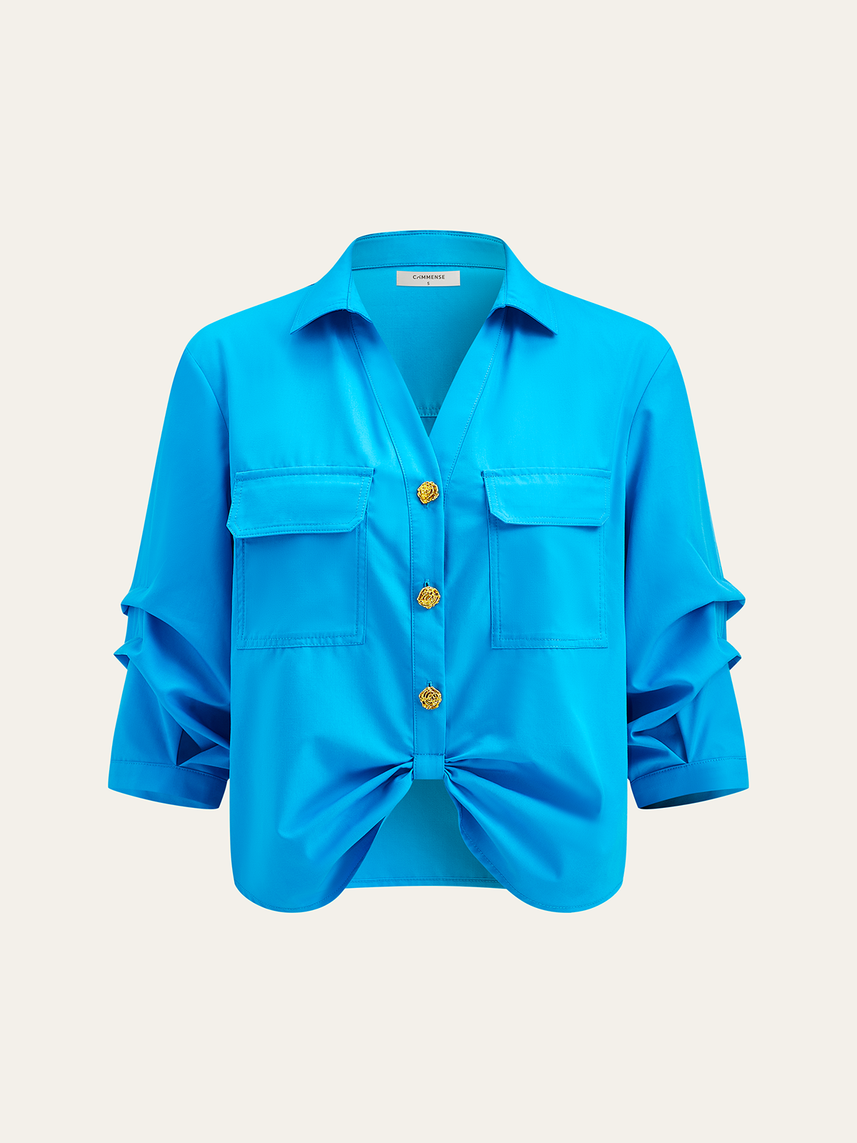 Pocketed Button-Up Blouse with Front Knot