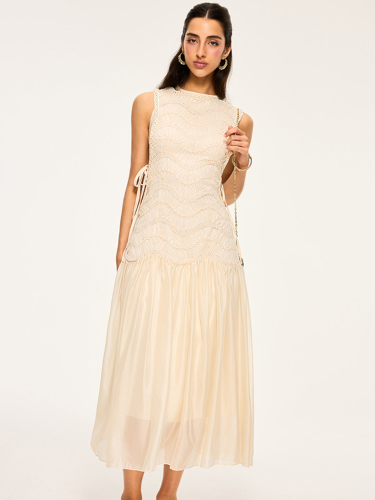 Semi-Sheer Textured Fabric Panel Tulle Dress