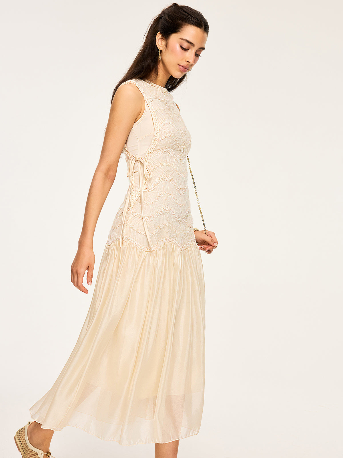 Semi-Sheer Textured Fabric Panel Tulle Dress