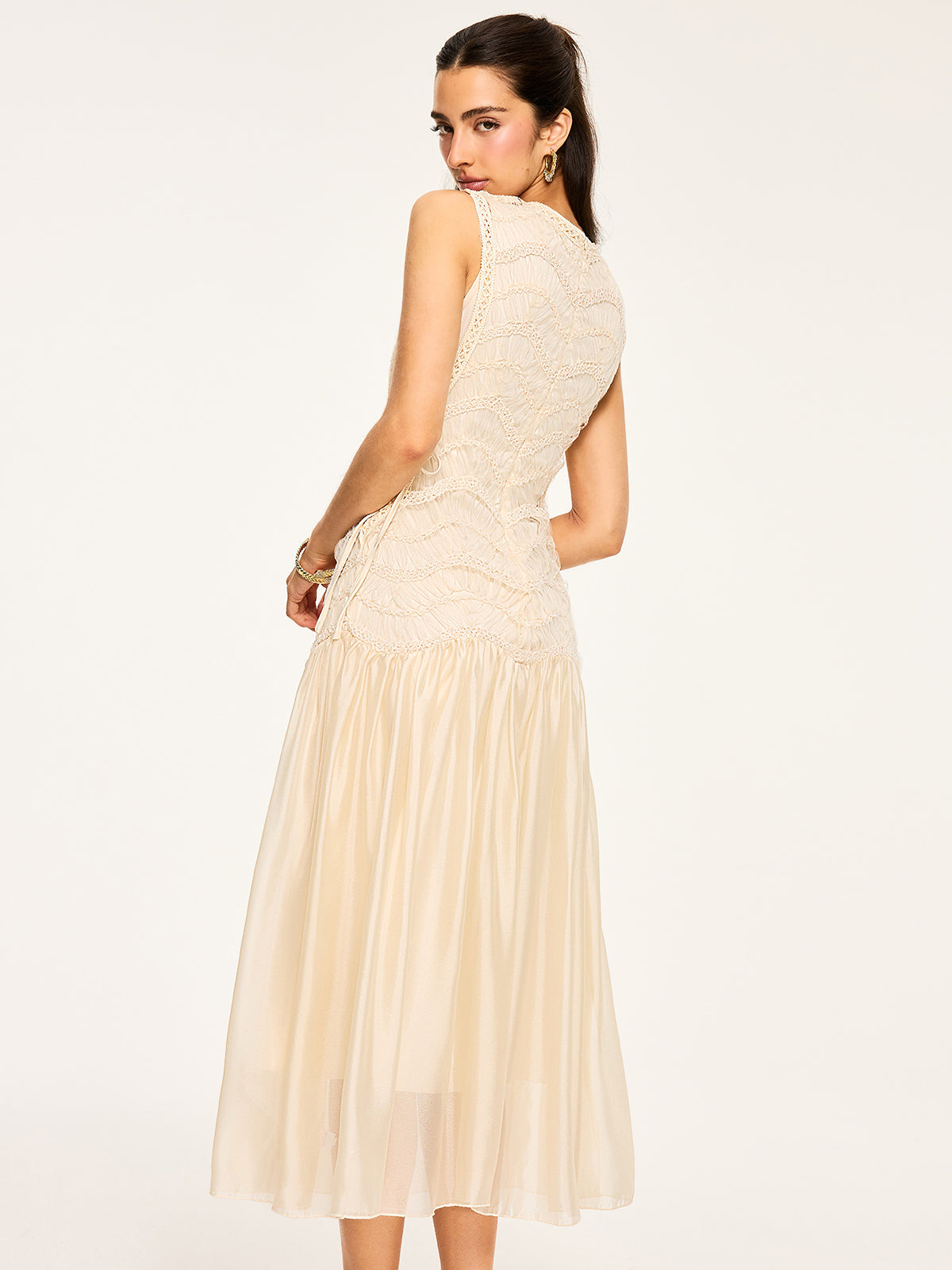 Semi-Sheer Textured Fabric Panel Tulle Dress