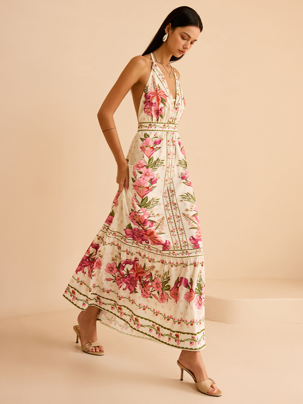 Robe longue dos nu à imprimé floral 