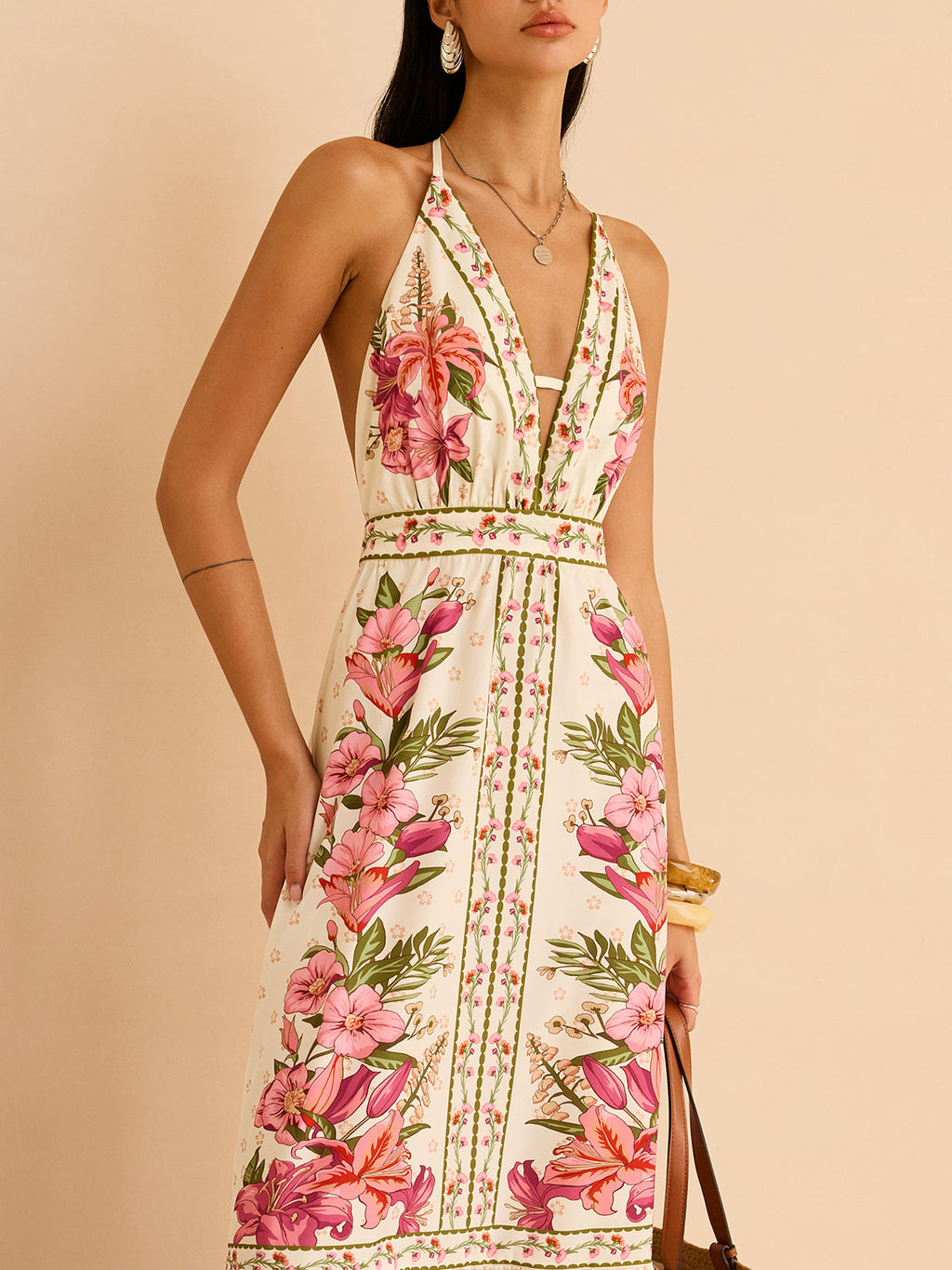 Geblümtes Neckholder-Maxikleid mit Rückenausschnitt