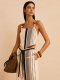 Gestreiftes Neckholder-Top mit Perlenriemen