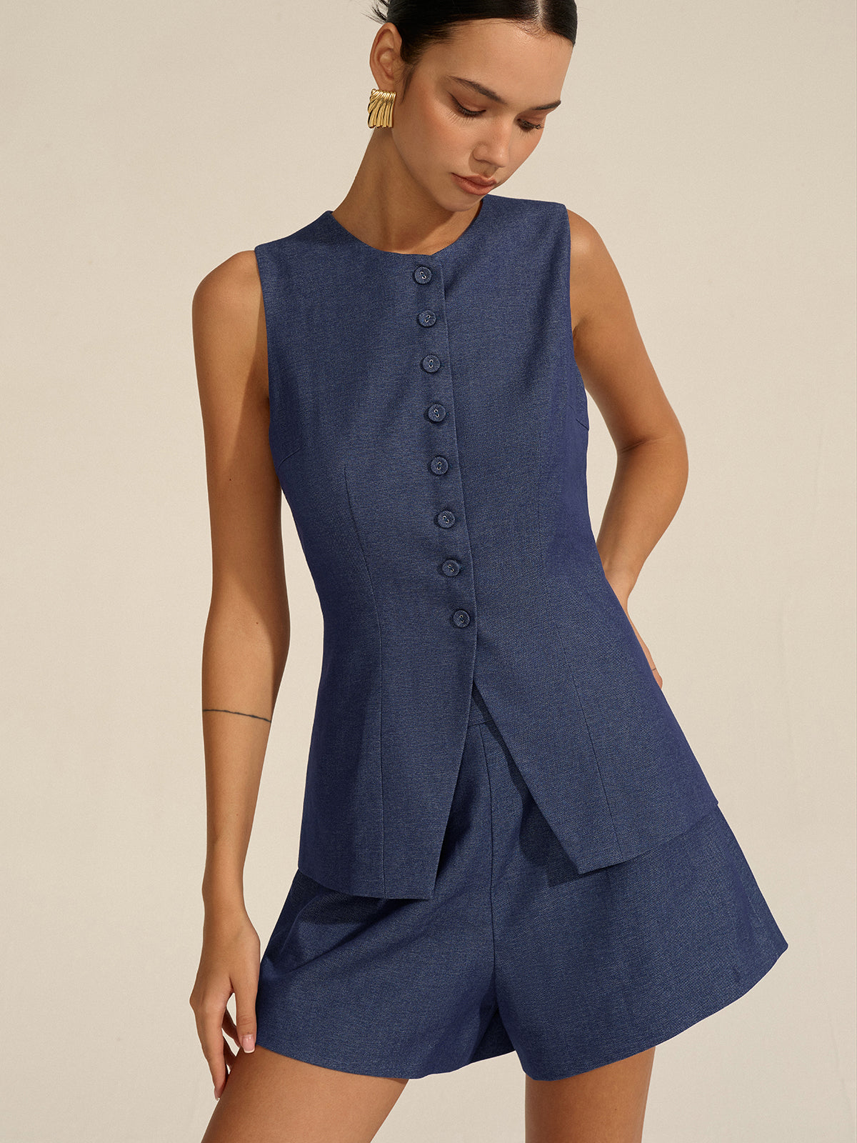 Sleeveless Button-Front Vest and Shorts Set