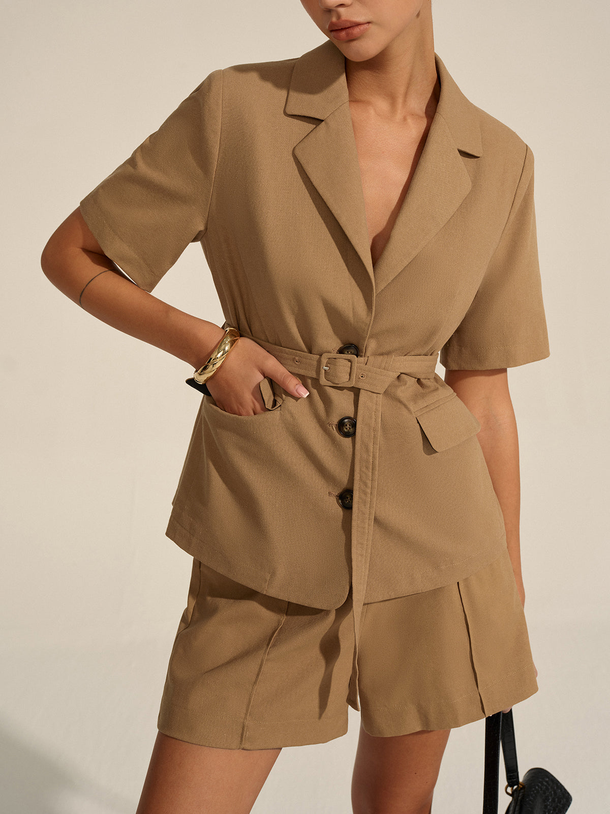 Short-Sleeved Belted Blazer