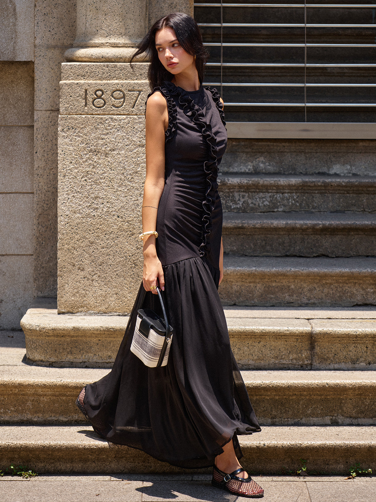 Robe maxi à volants et fronces sur le devant 