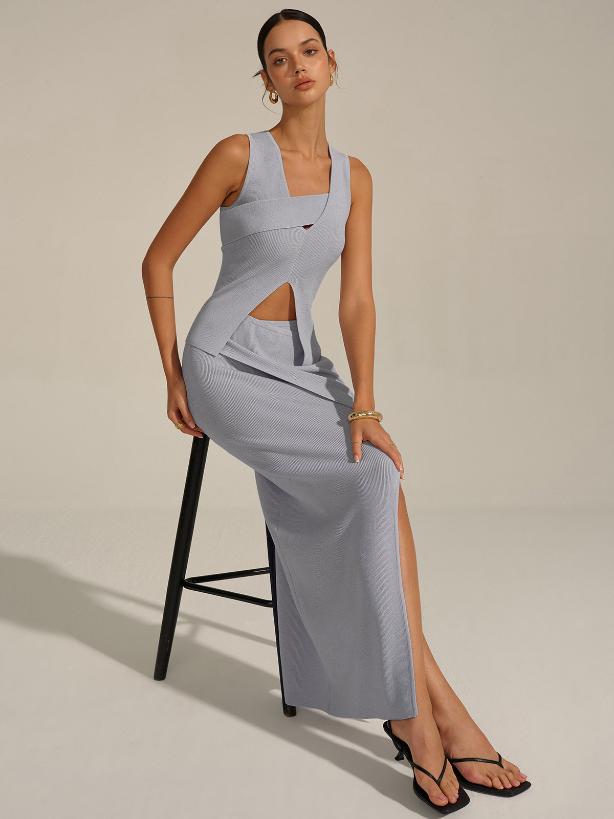 Ensemble jupe en maille asymétrique fendue 