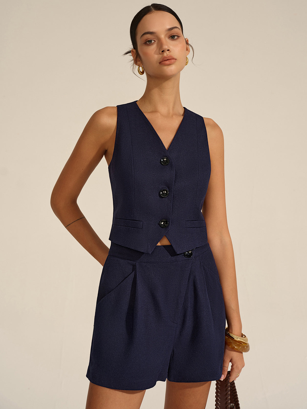Ensemble gilet de blazer sans manches à col en V et short