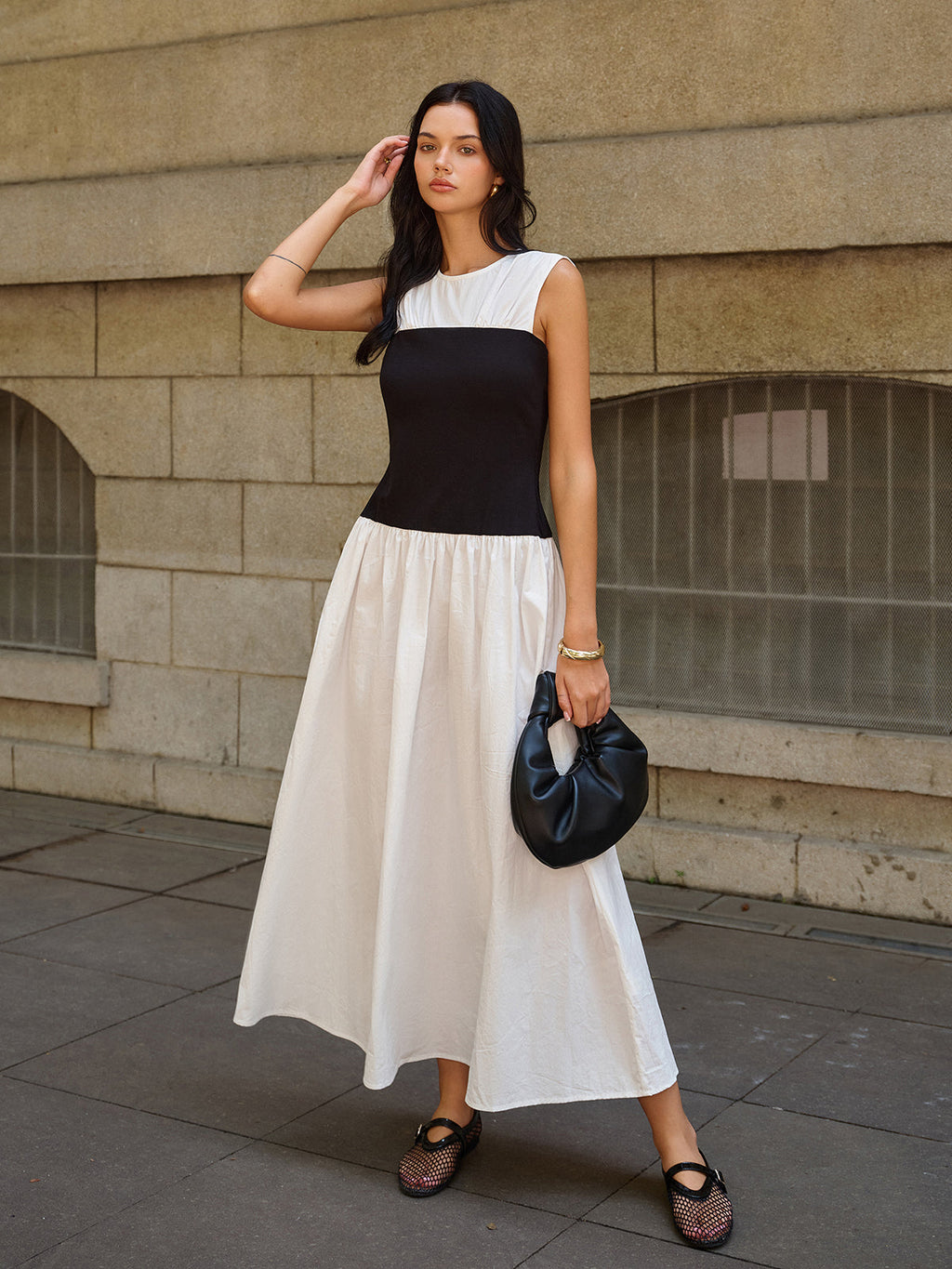 Robe longue sans manches color block