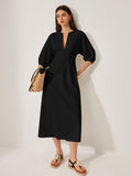 Cotton & Linen Puff Sleeve Dress Without Belt