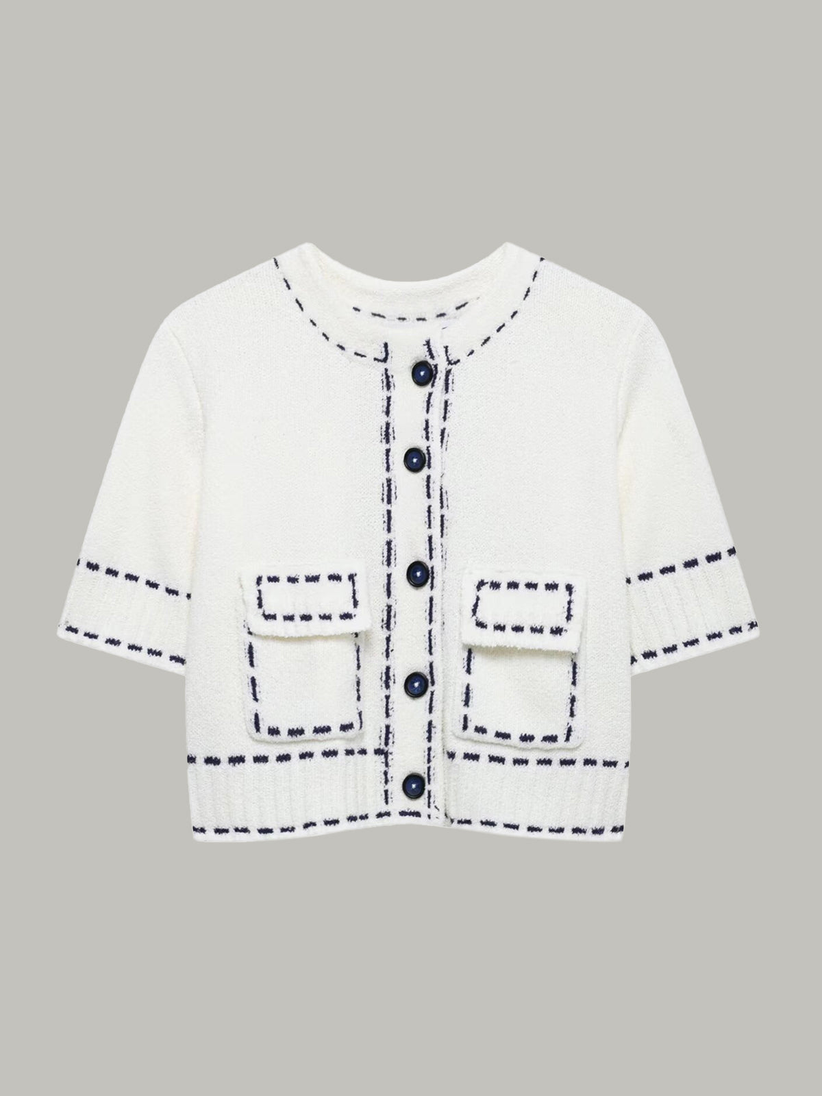 Short-Sleeved Cropped Cardigan with Contrast Stitching