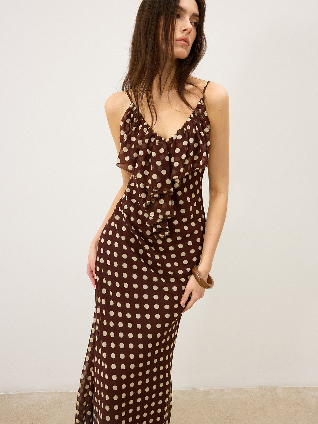 Halbtransparenter Polka-Dot-Rüschen-Cami-Maxikleid