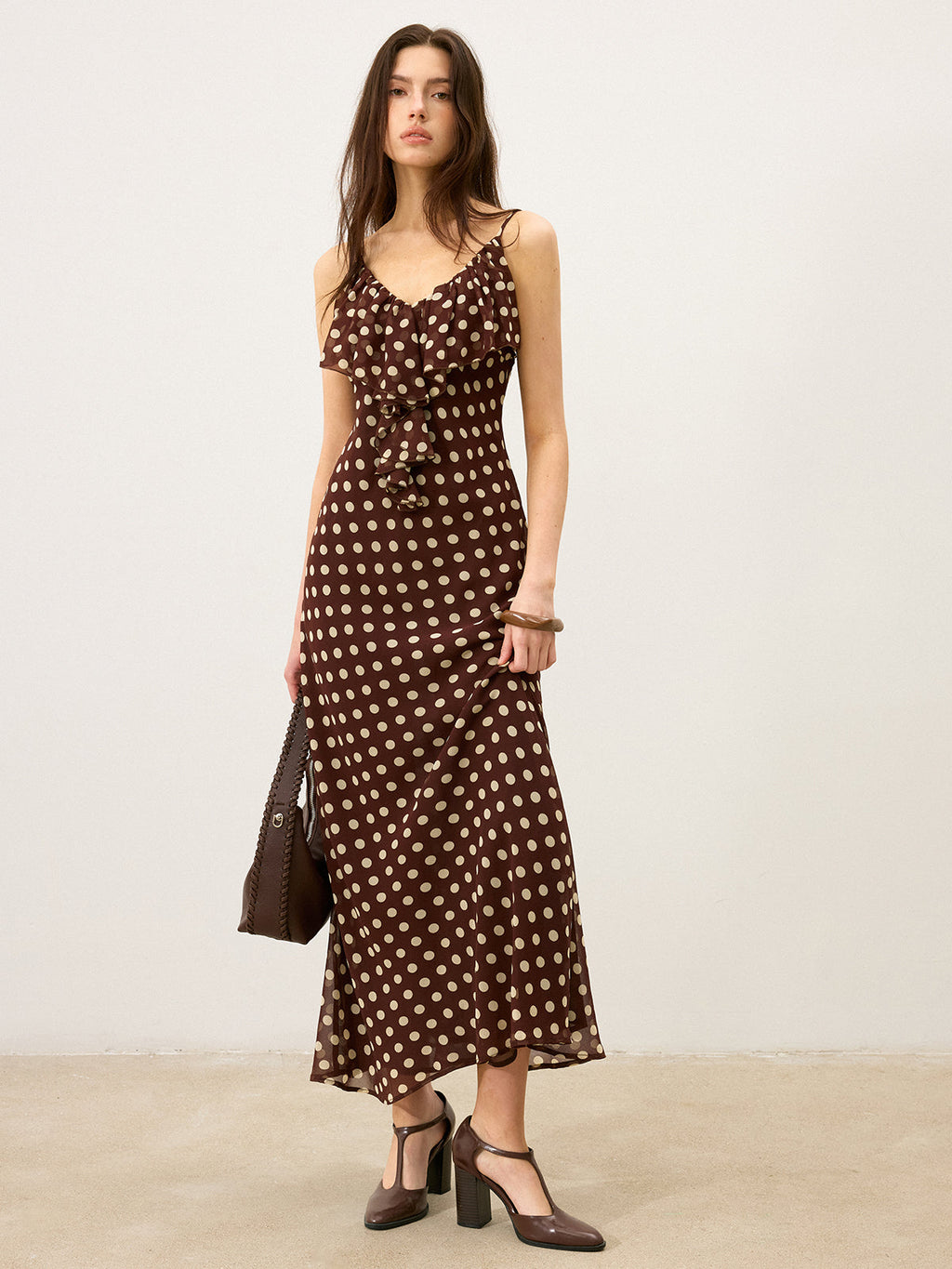 Halbtransparenter Polka-Dot-Rüschen-Cami-Maxikleid