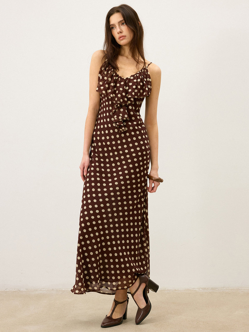 Halbtransparenter Polka-Dot-Rüschen-Cami-Maxikleid