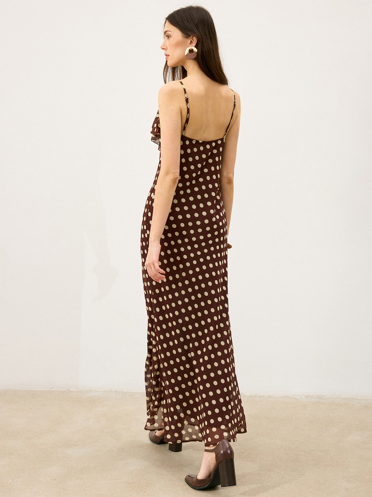 Halbtransparenter Polka-Dot-Rüschen-Cami-Maxikleid